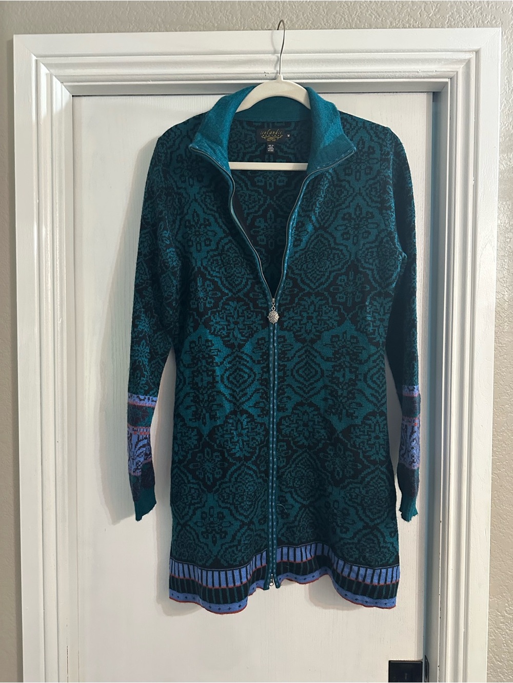 Women's Teal Patterned Zip-Front Cardigan Sweater